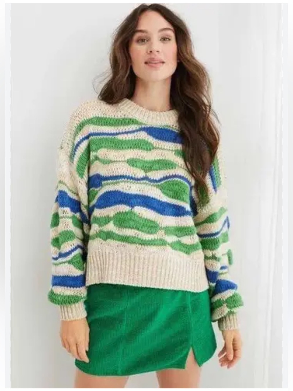 Aerie Intarsia Chunky Knit Crewneck Sweater in Cream, Green & Blue Small
